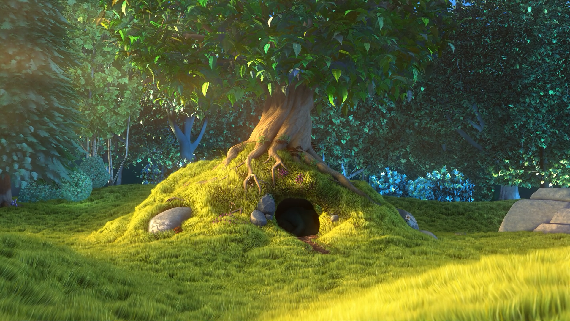 A sunlit forest and a tree burrow in Big Buck Bunny