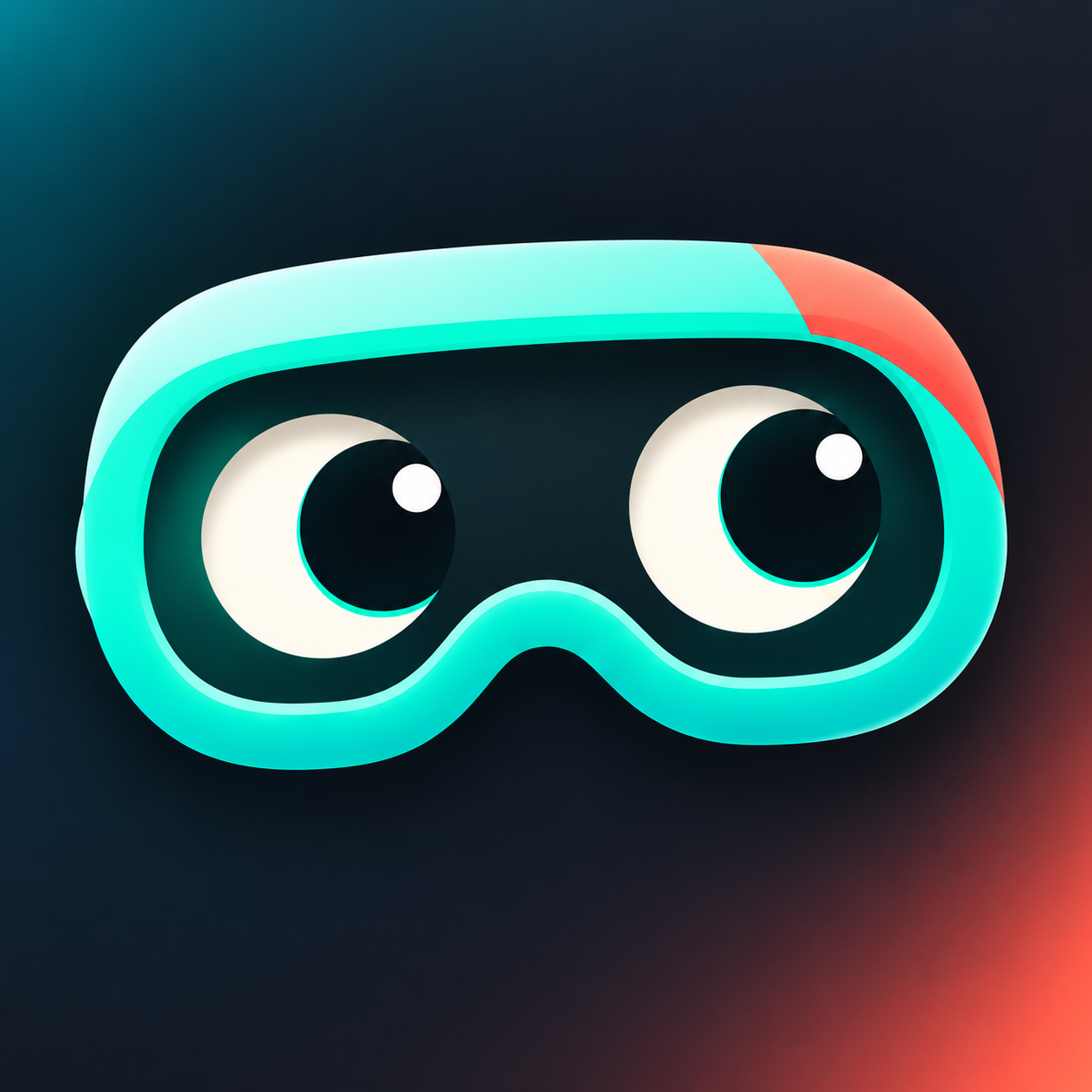 Dreamzy VR’s teal goggle mascot with cream eyes and a coral corner accent